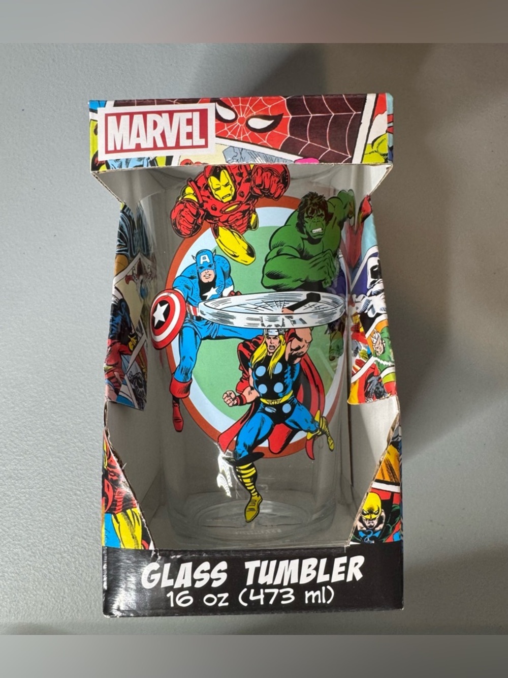 Marvel classic Comic Panel Glass Tumbler drinking cup Thor iron man hulk captain